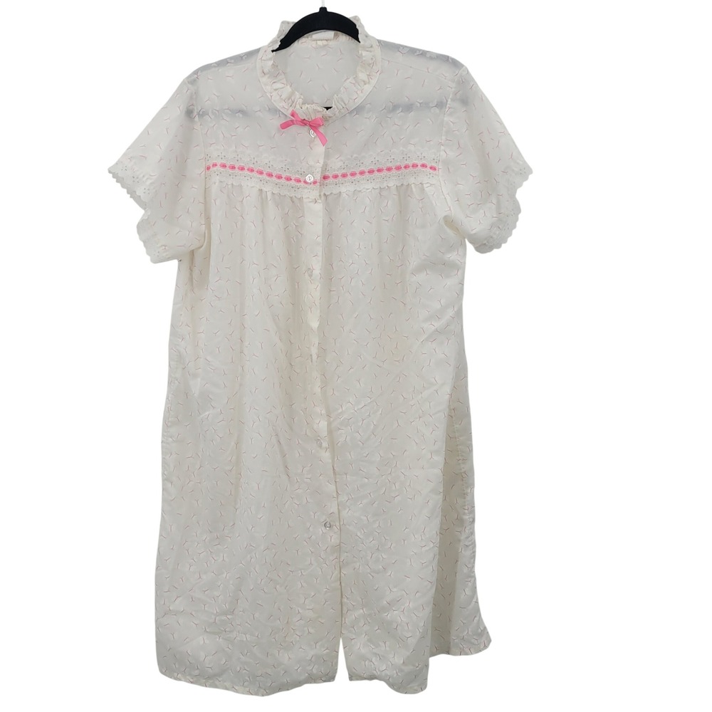 Vtg Grannycore Cottage White Pink Butterfly Lace Button Front Shirt Nightgown M